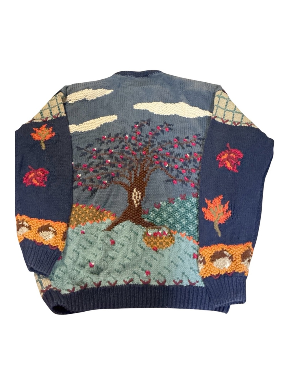 Vintage-Inspired Navy Patchwork Autumn Leaf Cardigan Sweater - Picture 2 of 3